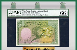 TT PK 0002a 1955 VIETNAM - SOUTH, NATIONAL BANK 5 DONG PMG 66 EPQ GEM UNCIRCULATED