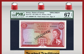 TT PK 0009s1 1963 JERSEY 5 POUNDS "QUEEN ELIZABETH II" "SPECIMEN" PMG 67 EPQ SUPERB