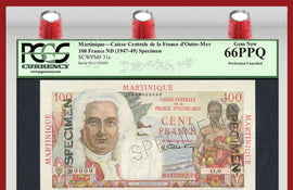 TT PK 0031s 1947-49 MARTINIQUE 100 FRANCS "BOURDONNAIS" PCGS 66 PPQ GEM TOP POP