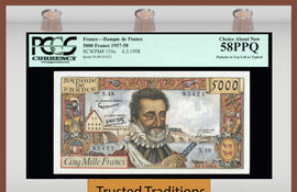 TT PK 0135a 1957-58 FRANCE 5000 FRANCS "KING HENRY IV" PCGS 58 PPQ RARE GRADE !