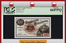 TT PK 0034u 1938 SWEDEN SVERIGES RIKSBANK 10 KRONOR PCGS 66 PPQ GEM NEW!