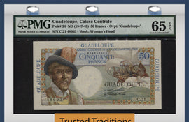TT PK 0034 1947-49 GUADELOUPE 50 FRANCS "WOMEN'S HEAD" PMG 65 EPQ GEM UNCIRCULATED