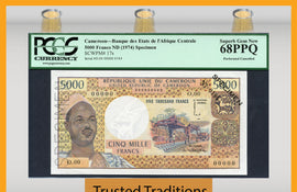 TT PK 17s 1974 CAMEROON 5000 FRANCS "PRESIDENT AHIDJO" PCGS 68 PPQ ONLY GEM!
