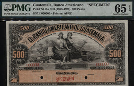 TT PK S115s 1895-192 GUATEMALA 500 PESOS ABNCo SCARCE NOTE PMG 65 EPQ GEM UNC.