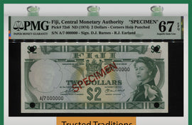 TT PK 72s6 ND (1974) FIJI 2 DOLLARS SPECIMEN PMG 67 EPQ SUPERB GEM TIED AS BEST!