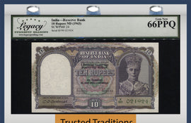 TT PK 24 1943 INDIA RESERVE BANK 10 RUPEES KING GEORGE VI LCG 66 PPQ GEM NEW!