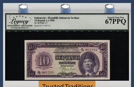 TT PK 37 1950 INDONESIA REPULIK SERIKAT 10 RUPIAH SUKARNO LCG 67 PPQ SUPERB GEM!