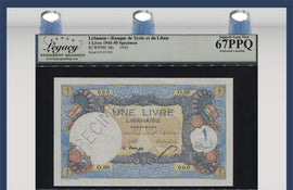 TT PK 48s 1950 LEBANON SPECIMEN 1 LIVRE LCG 67 PPQ SUPERB RARE & HIGHLY COVETED!