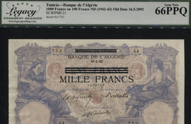 TT PK 31 1942-43 TUNISIA 1000 FRANCS ON 100 FRANCS LCG 66 PPQ GEM ONLY ONE FINER