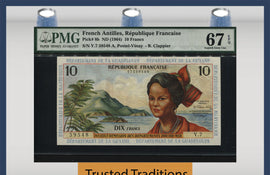 TT PK 008b 1964 FRENCH ANTILLES 10 FRANCS STUNNING BOLD COLORS PMG 67 EPQ SUPERBGEM UNC
