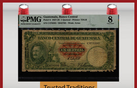 TT PK 6 1927-28 GUATEMALA 1 QUETZAL EXTREMELY SCARCE EXAMPLE PMG 8 VERY GOOD