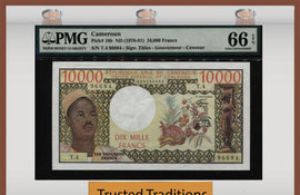 TT PK 0018b 1978-81 CAMEROUN 10000 FRANCS "PRESIDENT AHIDJO" PMG 66 EPQ GEM UNC!