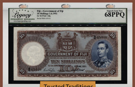TT PK 38k 1951 FIJI 10 SHILLINGS KING GEORGE VI LCG 68 PPQ SUPERB FINEST KNOWN!!