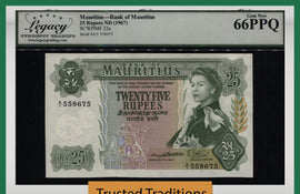 TT PK 32a 1967 MAURITIUS 25 RUPEES QUEEN ELIZABETH II LCG 66 PPQ ONLY ONE FINER