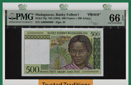 TT PK 75p 1994 MADAGASCAR 500 FRANCS = 100 ARIARY PMG 66Q GEM ONLY 1 CERTIFIED!