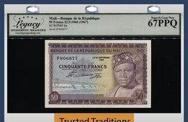 TT PK 6a 1960 MALI 50 FRANCS STUNNING HIGH GRADE LCG 67 PPQ SUPERB GEM NEW