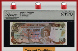 TT PK 49b 1987 BELIZE 20 DOLLARs BEAUTIFUL QUEEN ELIZABETH II LCG 67 PPQ SUPERB