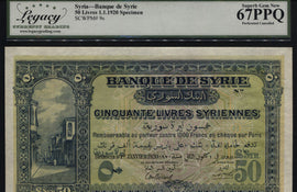 TT PK 9s 1920 SYRIA 50 LIVRES SPECIMEN LCG 67 PPQ TOP POPULATION FINEST KNOWN