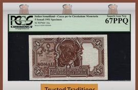 TT PK 0016s 1951 ITALIAN SOMALILAND 5 SOMALI LEOPARD SPECIMEN PCGS 67 PPQ TOP POP!
