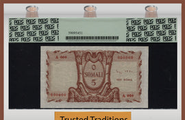 TT PK 0016s 1951 ITALIAN SOMALILAND 5 SOMALI LEOPARD SPECIMEN PCGS 67 PPQ TOP POP!