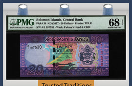 TT PK 34 2017 SOLOMON ISLANDS CENTRAL BANK 20 DOLLARS PMG 68 EPQ FINEST KNOWN!
