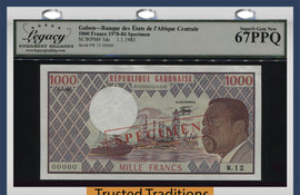TT PK 3ds 1978-84 GABON 1000 FRANCS SPECIMEN LCG 67 PPQ SUPERB GEM FINEST KNOWN!