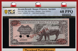 TT PK 6s 1960 RWANDA-BURUNDI 500 FRANCS SPECIMEN BLACK RHINO PCGS 68 PPQ SUPERB!