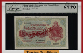 TT PK 9s 1960-75 FALKLAND ISLANDS 5 POUNDS SPECIMEN LCG 67 PPQ SUPERB NONE FINER
