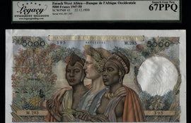 TT PK 43 1947-50 FRENCH WEST AFRICA 5000 FRANCS LCG 67 PPQ SUPERB GEM NEW