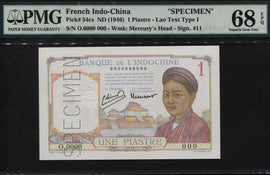 TT PK 54cs 1946 FRENCH INDO-CHINA 1 PIASTRE SPECIMEN PMG 68Q POP 10 NONE FINER!!
