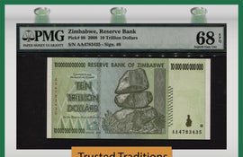 TT PK 0088 2008 ZIMBABWE 10 TRILLION DOLLARS PMG 68 EPQ SUPERB GEM UNCIRCULATED!