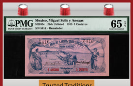 TT PK UNL 1915 MEXICO MIGUEL SOLIS & ANEXAS 5 CENTAVOS PMG 65 EPQ GEM UNC