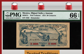 TT PK UNL 1915 MEXICO MIGUEL SOLIS & ANEXAS 20 CENTAVOS PMG 66 EPQ GEM UNC