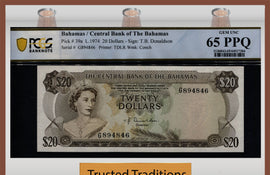 TT PK 39a 1974 BAHAMAS $20 SIGNATURE T.B. DONALDSON PCGS 65 PPQ GEM UNCIRCULATED