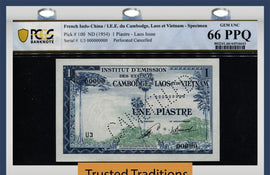 TT PK 100 1954 FRENCH INDO-CHINA SCARCE SPECIMEN 1 PIASTRE PCGS 66 PPQ GEM UNC.
