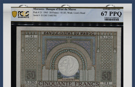 TT PK 21 1945 MOROCCO 50 FRANCS PCGS 67 PPQ SUPEB GEM UNCIRCULATED NONE FINER