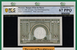TT PK 44 1949 MOROCCO 50 FRANCS ARCH AT CENTER PCGS 67 PPQ SUPERB GEM ONE FINER