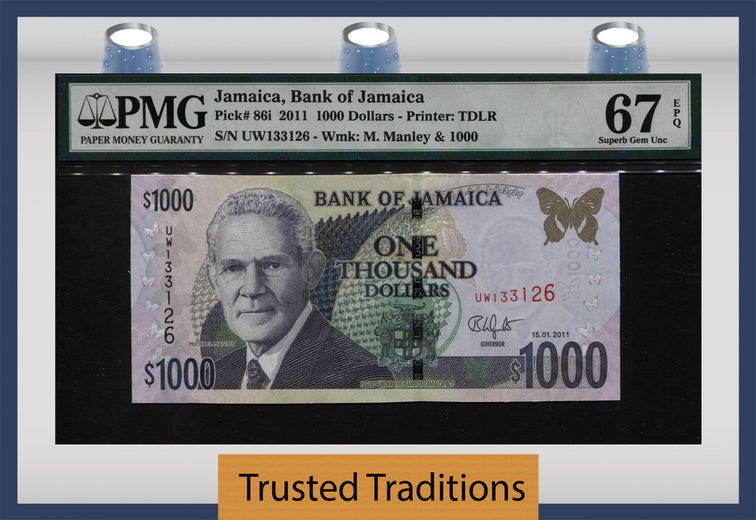 TT PK 0086i 2011 JAMAICA 1000 DOLLARS PMG 67 EPQ SUPERB GEM UNC. FINEST KNOWN!
