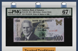 TT PK 0086i 2011 JAMAICA 1000 DOLLARS PMG 67 EPQ SUPERB GEM UNC. FINEST KNOWN!