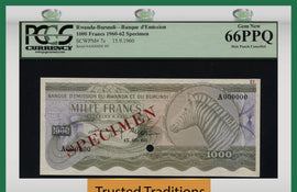 TT PK 7s 1960-62 RWANDA-BURUNDI 1000 FRANCS SPECIMEN PCGS 66 EPQ NONE FINER!