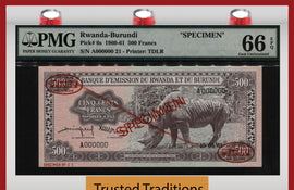TT PK 6s 1960-61 RWANDA-BURUNDI 500 FRANCS SPECIMEN BLACK RHINO PMG 66 EPQ GEM