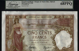 TT PK 9b 1938 FRENCH SOMALILAND 500 FRANCS LCG 68 PPQ AMAZING NEAR PERFECTION!