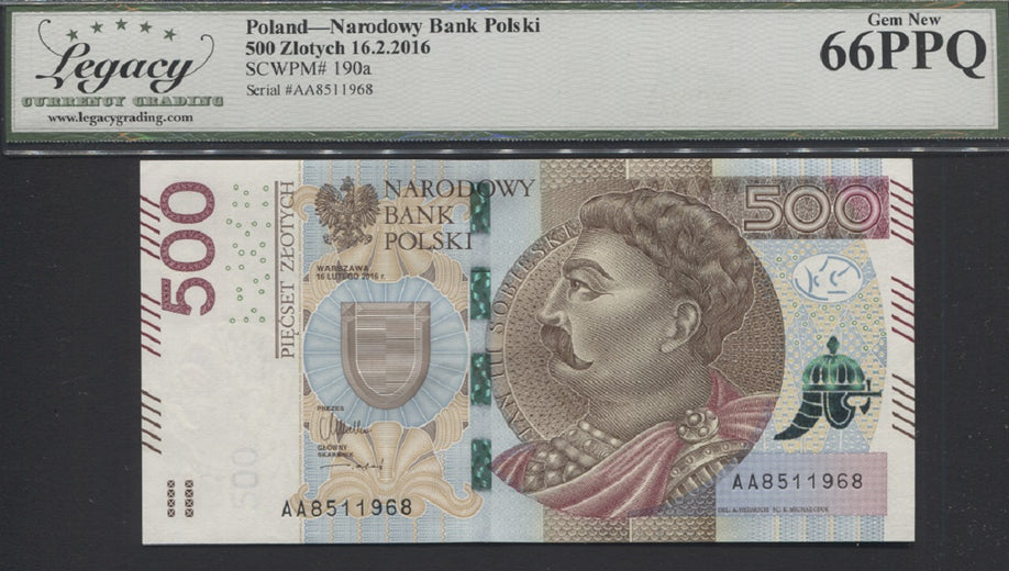 TT PK 190a 2016 POLAND NATIONAL BANK 500 ZLOTYCH KING SOBIESKI LCG 66 PPQ GEM!