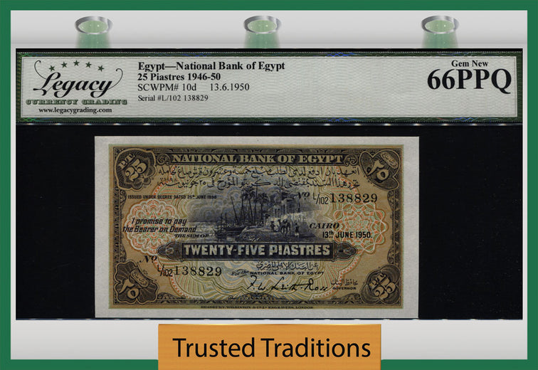 TT PK 10d 1946-50 EGYPT NATIONAL BANK 25 PIASTRES FULLY ORIGINAL LCG 66 PPQ GEM
