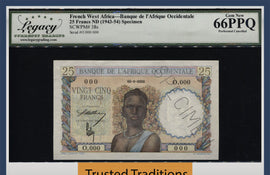 TT PK 38s 1943 FRENCH WEST AFRICA 25 FRANCS SPECIMEN LCG 66 PPQ TOP POPULATION