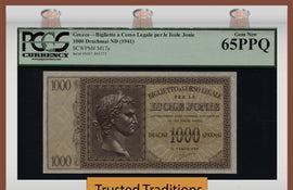 TT PK M0017a 1941 GREECE / IONIAN ISLANDS 1000 DRACHMAI "CAESAR" PCGS 65 PPQ GEM