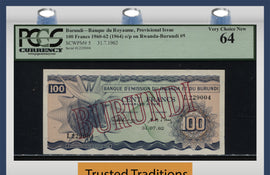 TT PK 0005 1960-62 BURUNDI 100 FRANCS SCARCE OVERSTAMP PCGS 64 VERY CHOICE NEW