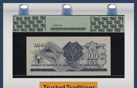 TT PK 0005 1960-62 BURUNDI 100 FRANCS SCARCE OVERSTAMP PCGS 64 VERY CHOICE NEW