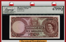 TT PK 52e 1965 FIJI 10 SHILLINGS QUEEN ELIZABETH II LCG 67 PPQ TIED AS BEST!