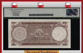 TT PK 52e 1965 FIJI 10 SHILLINGS QUEEN ELIZABETH II LCG 67 PPQ TIED AS BEST!